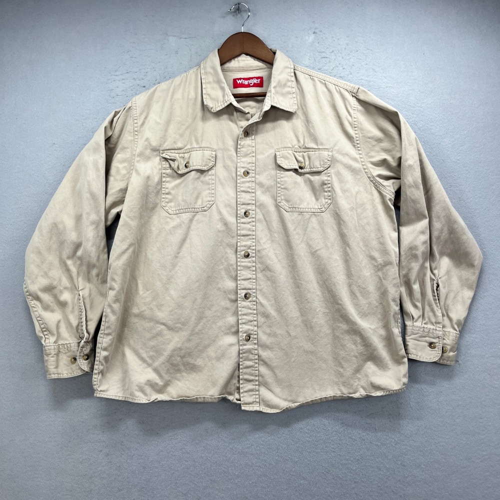 Wrangler Button Up Shirt Mens XL Tan Canvas Long Sleeve Utility Workwear Casual
